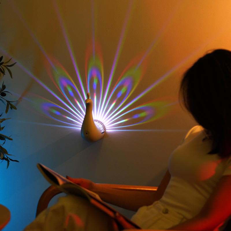 PRECHANA Peacock Lamp Creative Peacock Colorful Projection Wall Lamp, USB Charge Touch Button LED Night Light with Remote Control,White,Plastic - Image 4