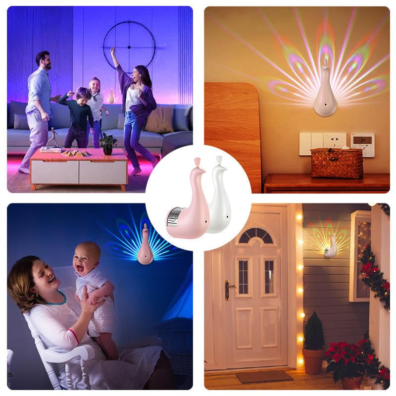 PRECHANA Peacock Lamp Creative Peacock Colorful Projection Wall Lamp, USB Charge Touch Button LED Night Light with Remote Control,White,Plastic - Image 3