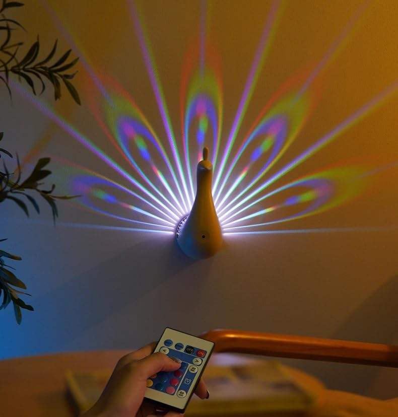 PRECHANA Peacock Lamp Creative Peacock Colorful Projection Wall Lamp, USB Charge Touch Button LED Night Light with Remote Control,White,Plastic - Image 1