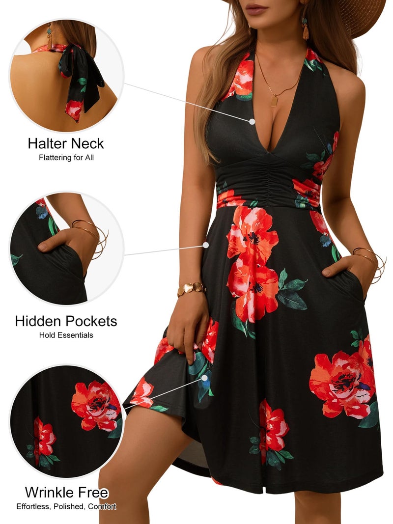 HUHOT Summer Dresses for Women 2026 Western Dress Sexy Halter Vacation Curvy Sundress Tropical Red Floral Sun Vestidos Casual Spring Easter para Mujer Outfits Resort Wear Beach - Image 4