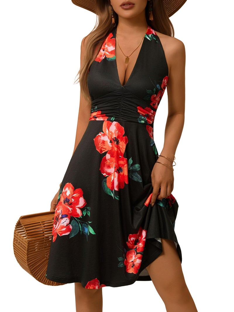 HUHOT Summer Dresses for Women 2026 Western Dress Sexy Halter Vacation Curvy Sundress Tropical Red Floral Sun Vestidos Casual Spring Easter para Mujer Outfits Resort Wear Beach - Image 1