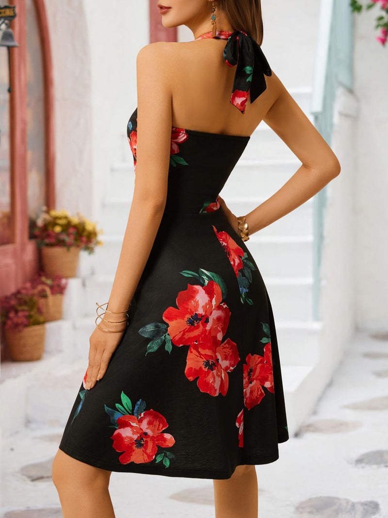 HUHOT Summer Dresses for Women 2026 Western Dress Sexy Halter Vacation Curvy Sundress Tropical Red Floral Sun Vestidos Casual Spring Easter para Mujer Outfits Resort Wear Beach - Image 2