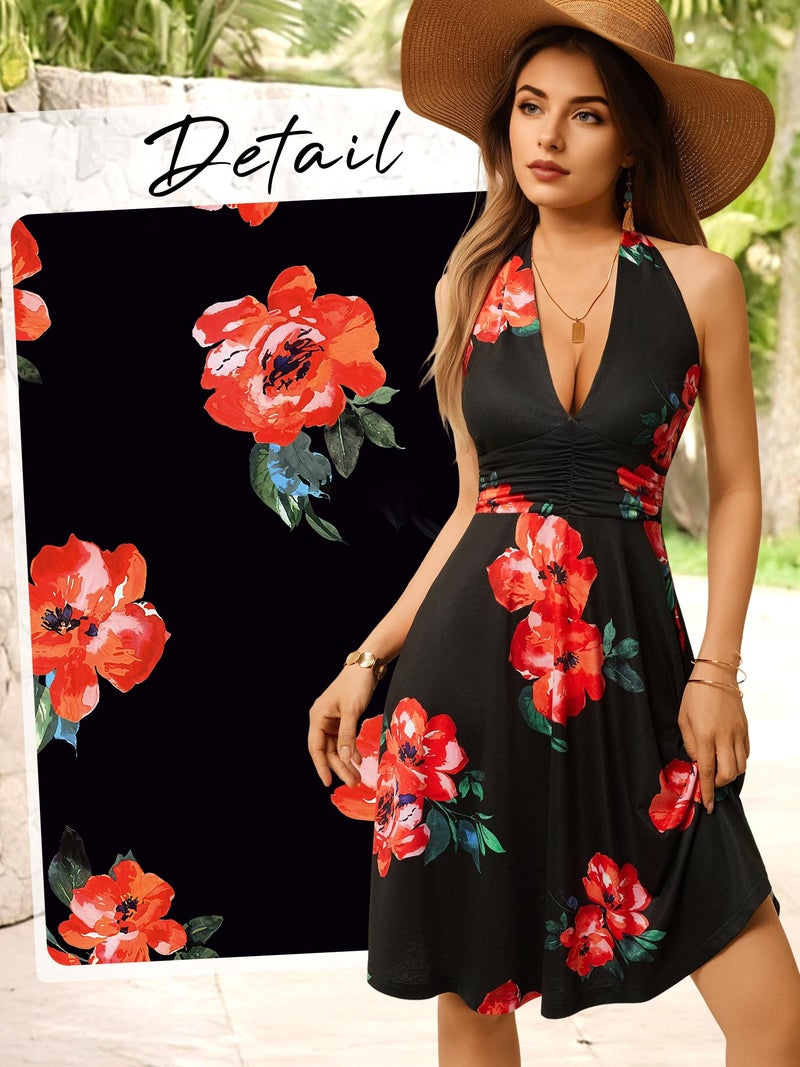 HUHOT Summer Dresses for Women 2026 Western Dress Sexy Halter Vacation Curvy Sundress Tropical Red Floral Sun Vestidos Casual Spring Easter para Mujer Outfits Resort Wear Beach - Image 3