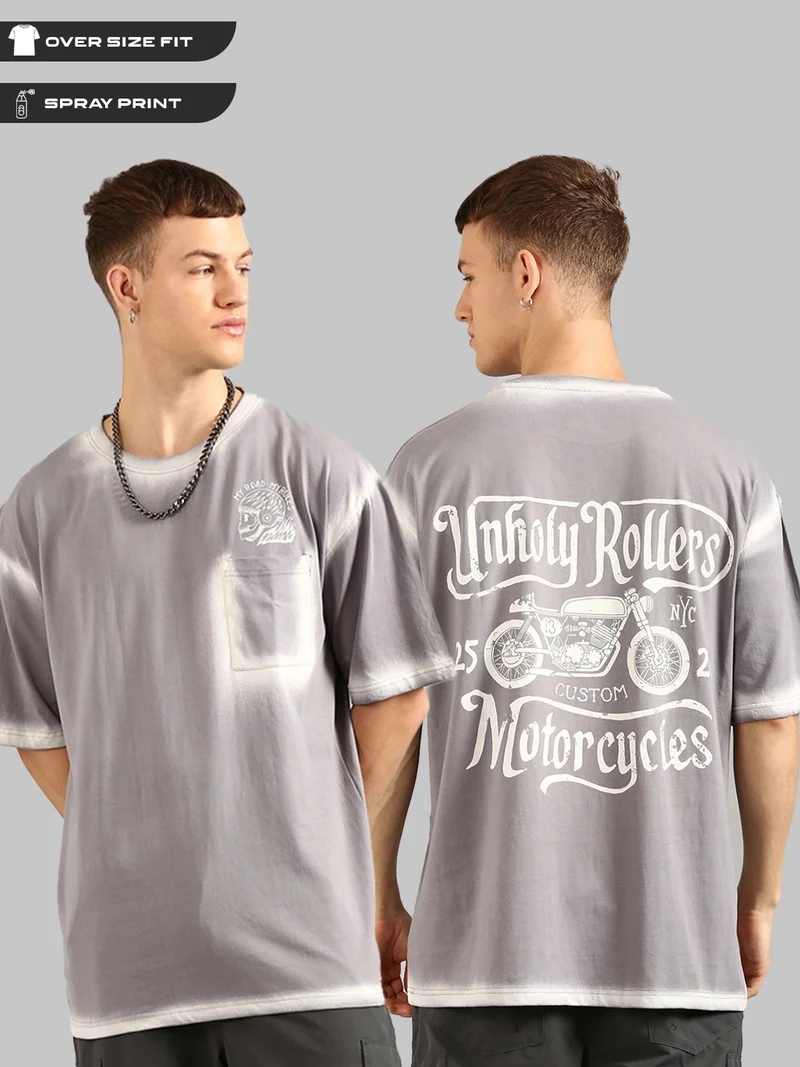 جوفن تيشيرت رجالي قطن بيور مقاس كبير بطبعة وجيب رمادي