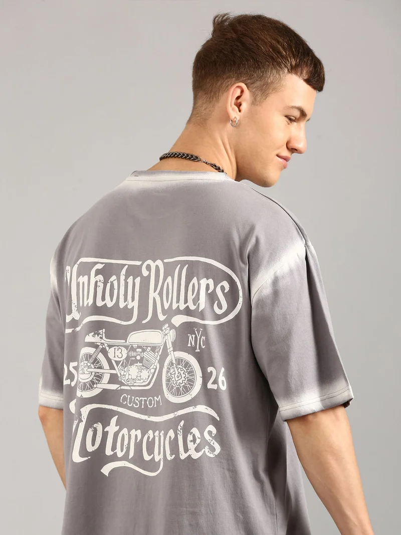 Joven Men Grey Printed and Pocket Pure Cotton Oversized T-Shirt