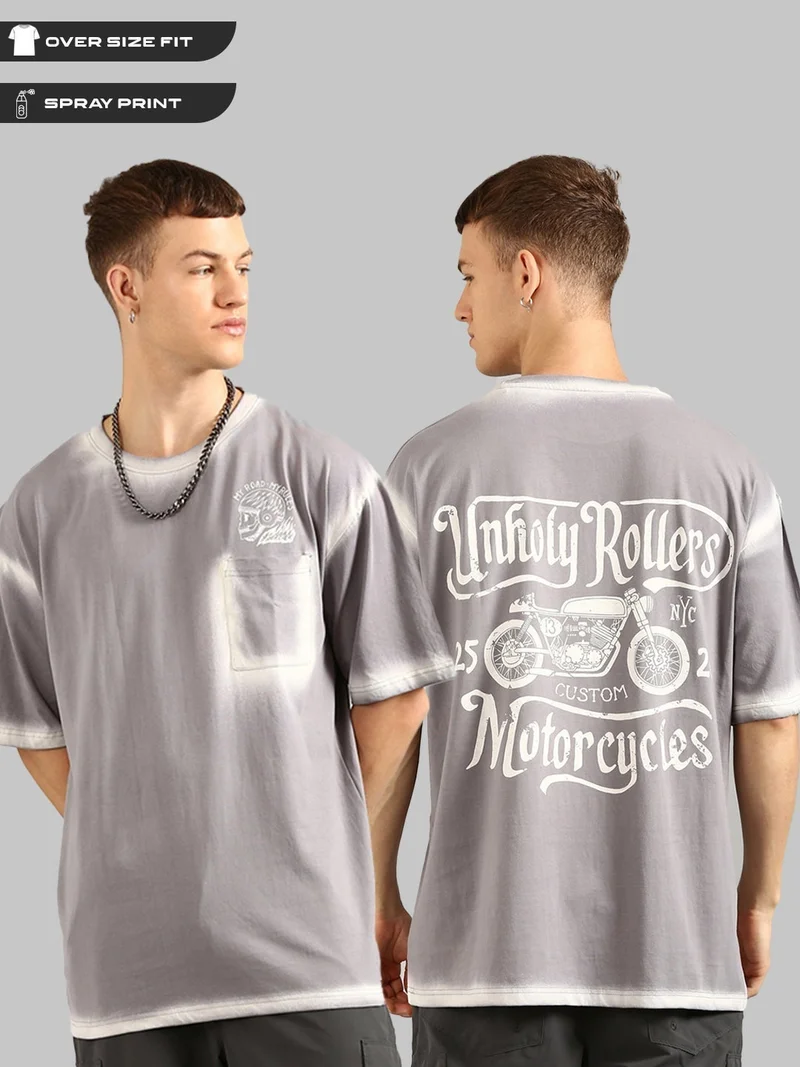 جوفن تيشيرت رجالي قطن بيور مقاس كبير بطبعة وجيب رمادي