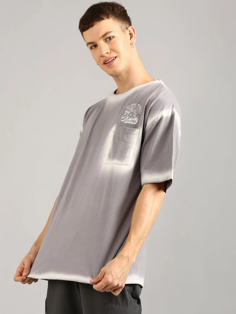 جوفن تيشيرت رجالي قطن بيور مقاس كبير بطبعة وجيب رمادي