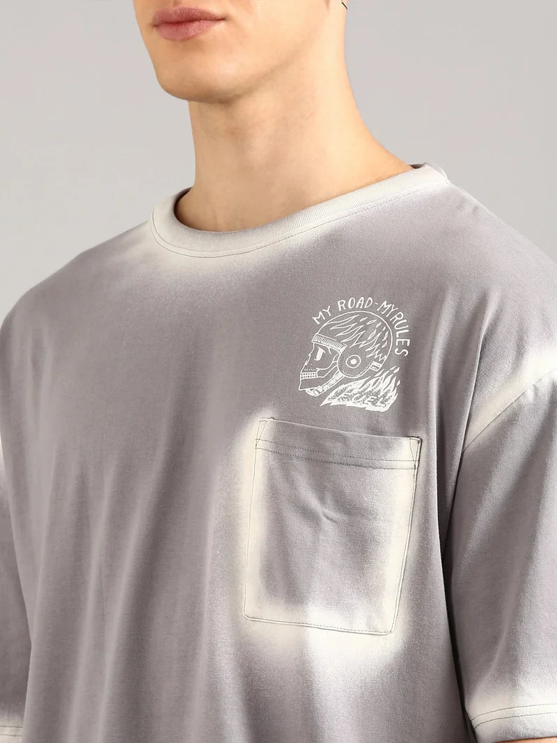 Joven Grey Men Grey Printed and Pocket Pure Cotton Oversized T-Shirt for Men | Best Price UAE