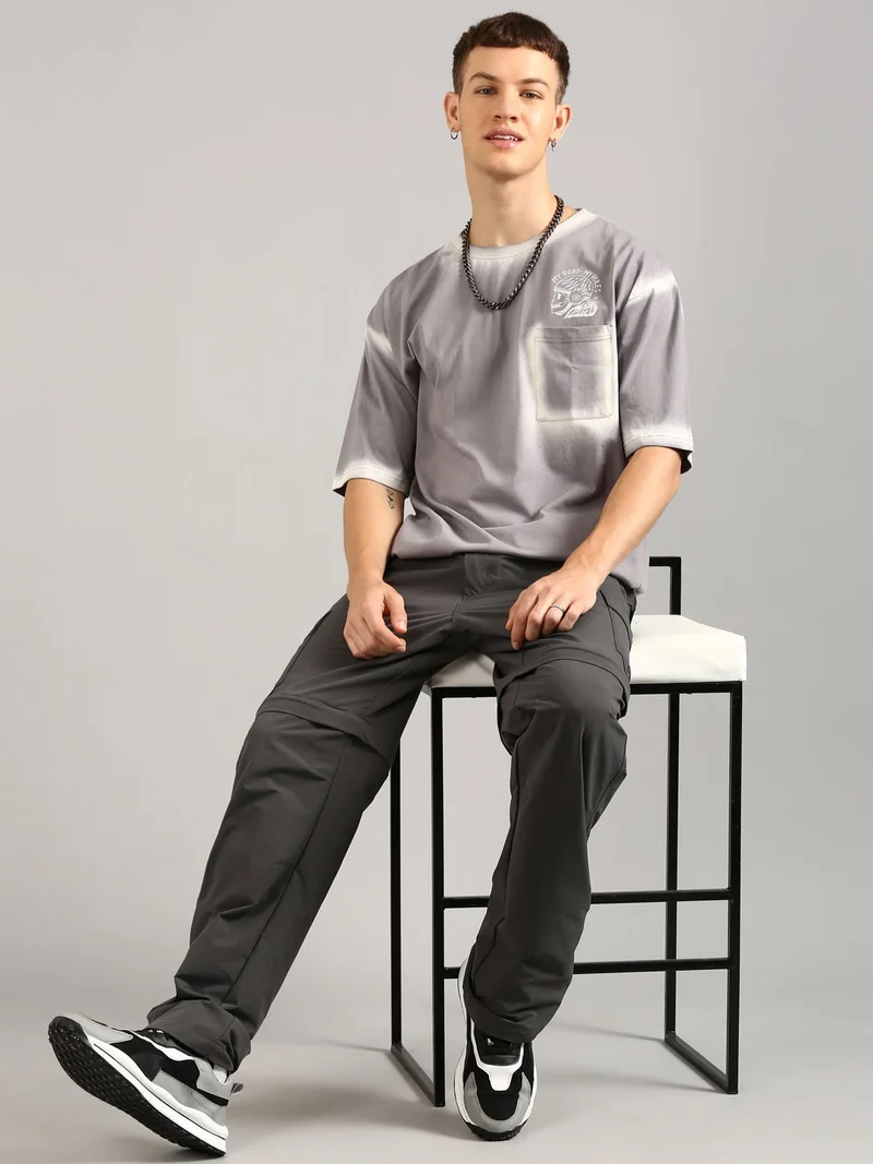 Joven Grey Men Grey Printed and Pocket Pure Cotton Oversized T-Shirt for Men | Best Price UAE