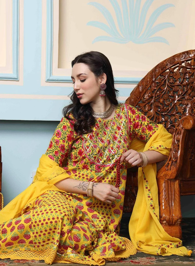 آي شين Regular Fit Three-Quarter Sleeve Printed Mustard Cotton Woven Kurta Set For Women Flat Collar Perfect For Wedding And Engagement Pull On Closure