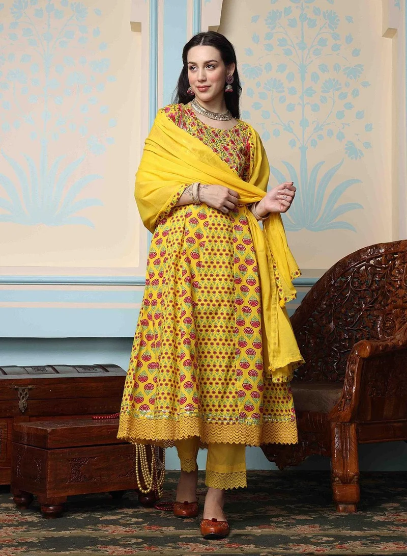 ISHIN  Regular Fit Three-Quarter Sleeve Printed Mustard Cotton Woven Kurta Set For Women Flat Collar Perfect For Wedding And Engagement Pull On Closure for Women | Best Price UAE
