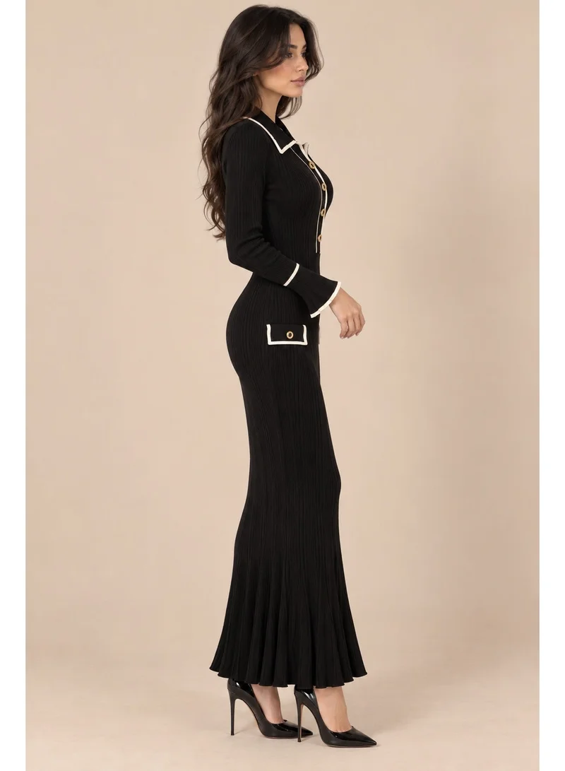 2Trendy Women's Black Maxi Ribbed Dress with Collar, Gold Buttons and Bell Sleeves