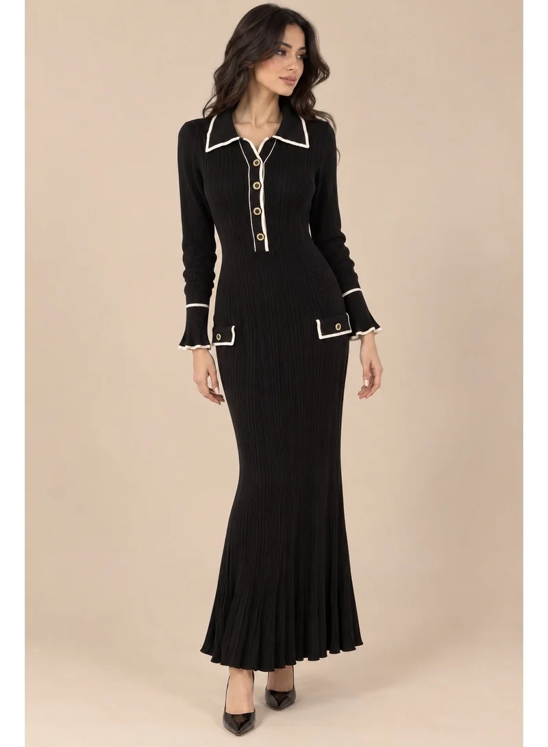 2Trendy Women's Black Maxi Ribbed Dress with Collar, Gold Buttons and Bell Sleeves