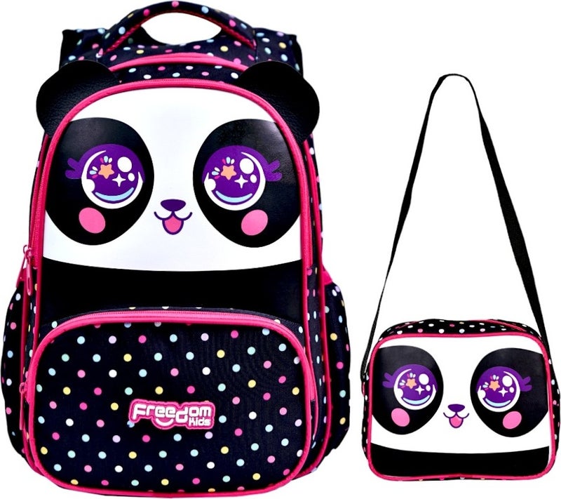 Çantaland Black Panda Printed, Waterproof, Orthopedic Back Feature, Primary School Bag + Lunch Box - Image 1