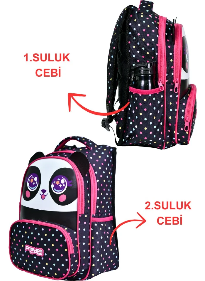 Çantaland Black Panda Printed, Waterproof, Orthopedic Back Feature, Primary School Bag + Lunch Box