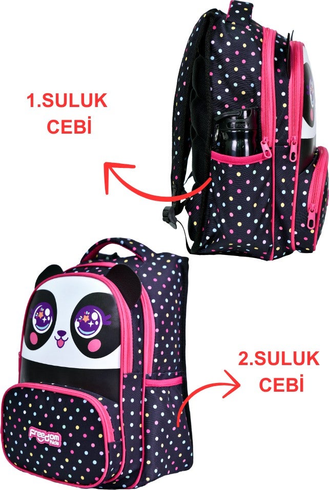 Çantaland Black Panda Printed, Waterproof, Orthopedic Back Feature, Primary School Bag + Lunch Box - Image 2