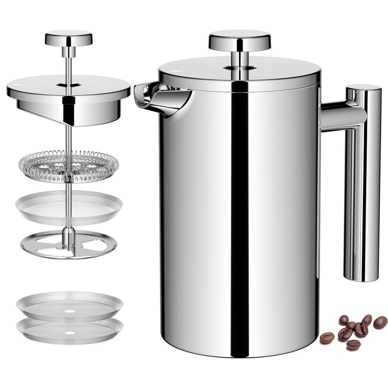 Miuly 21OZ French Press Coffee Maker 600ML Stainless Steel Coffee Press with 3 Level Filtration System, Double Wall Insulated French Press with 2 Filters - Image 1
