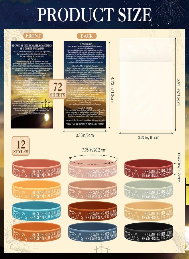 Moinchore 72 Sets Resurrection Gifts Bulk Christian Bible Verse Bracelet with Gospel Tracts He Came Died Arose Silicone Wristbands Religious Card Easter Baskets Stuffers Church Gift (Retro Colors) - Image 2