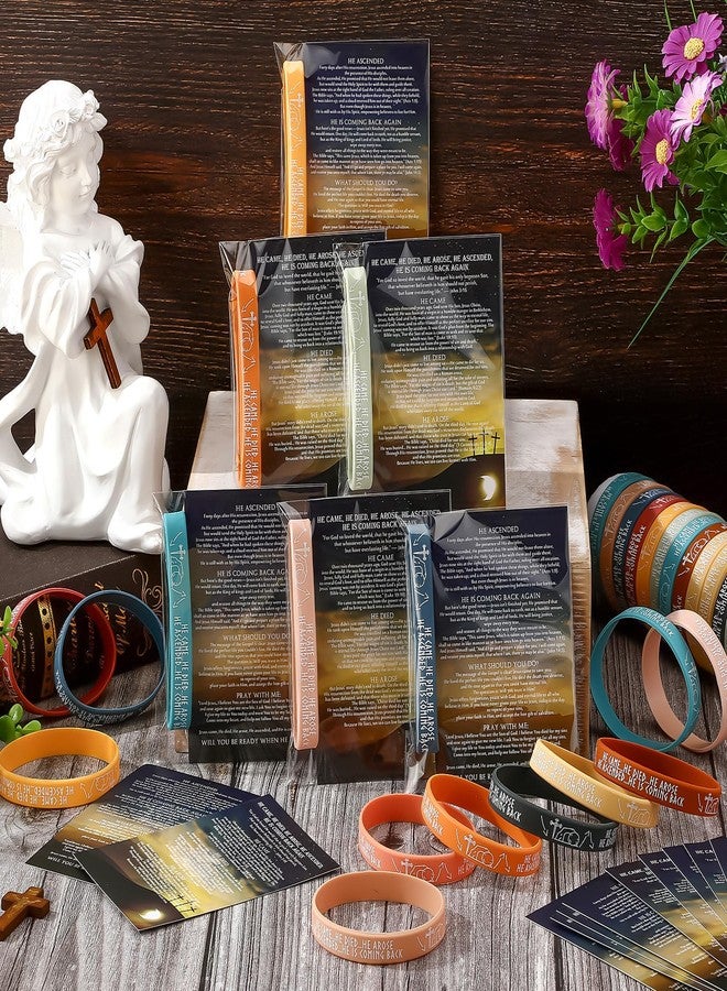 Moinchore 72 Sets Resurrection Gifts Bulk Christian Bible Verse Bracelet with Gospel Tracts He Came Died Arose Silicone Wristbands Religious Card Easter Baskets Stuffers Church Gift (Retro Colors) - Image 4