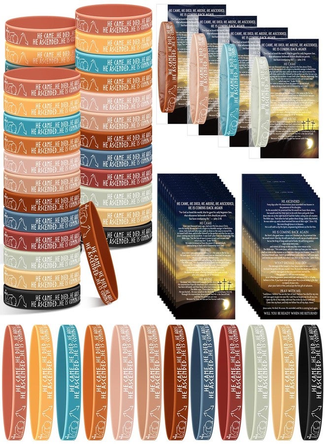 Moinchore 72 Sets Resurrection Gifts Bulk Christian Bible Verse Bracelet with Gospel Tracts He Came Died Arose Silicone Wristbands Religious Card Easter Baskets Stuffers Church Gift (Retro Colors) - Image 1