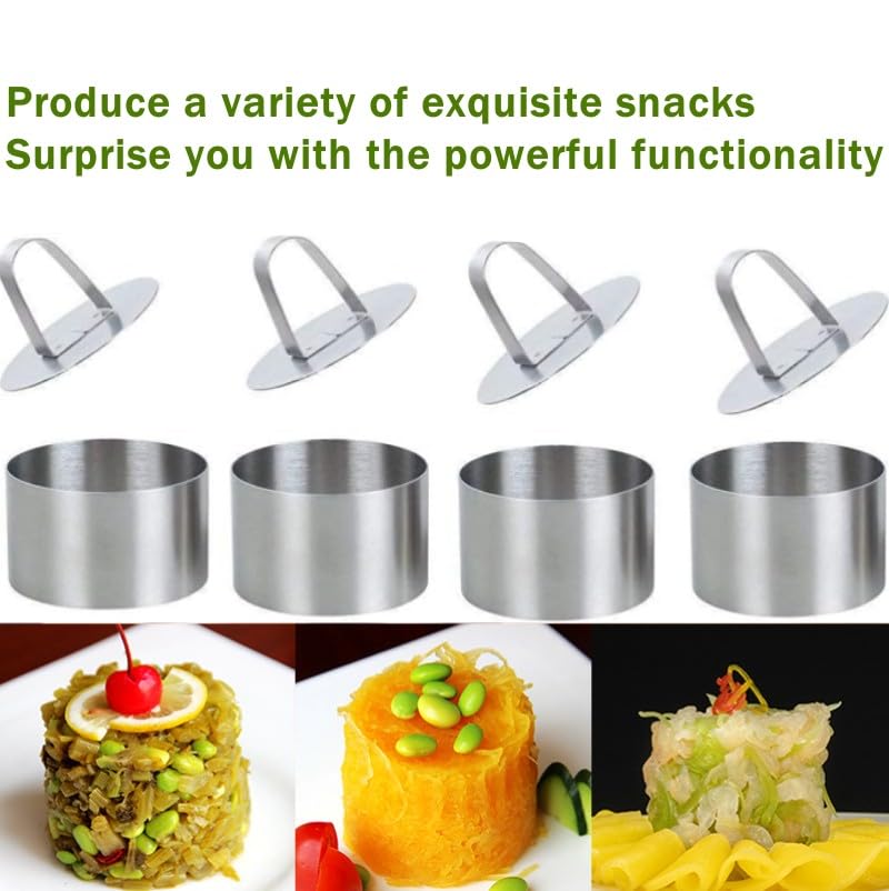 Defemim Round Cake Rings Cake Molds Set of 8, Stainless Steel Mousse and Pastry Mini Baking Ring Mold, Food Rings Dessert Rings Set Including 8 Rings & 8 Food Presses,3.15"x1.57" - Image 3