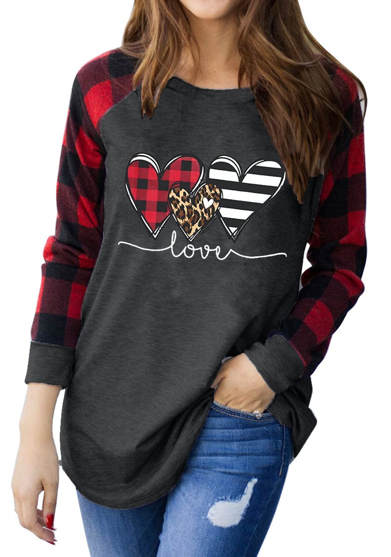MHTOR Valentines Shirts Women Buffalo Plaid Love Heart Graphic Tees Letter Print Long Sleeve Tops Shirts(X-Large,Grey-02) - Image 2