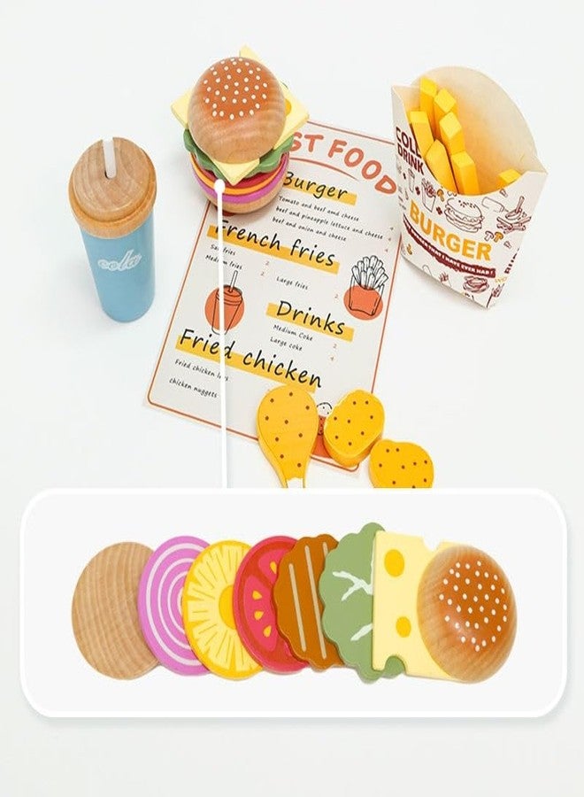 ONOTIC Wooden Fast Food Pretend Play Set for Kids, Burger, French Fries and Drinks Toy, Realistic Pretend Play - Image 4