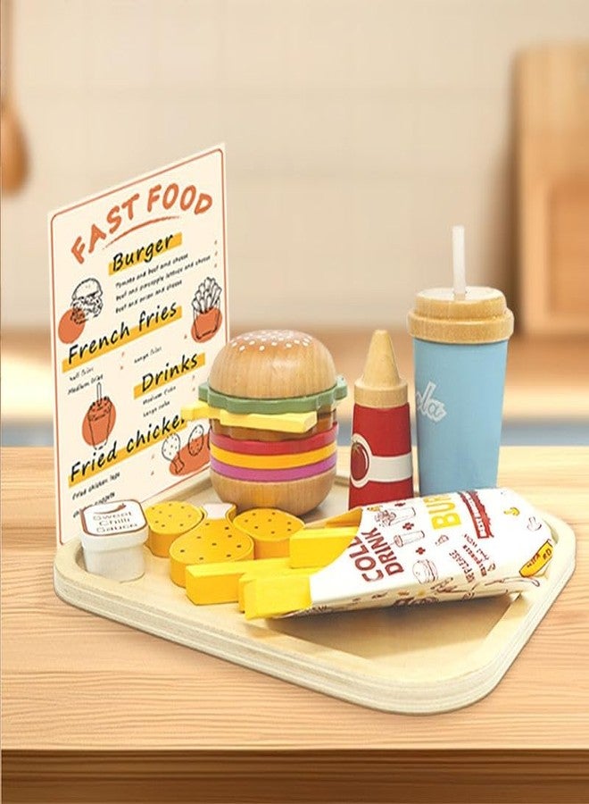 ONOTIC Wooden Fast Food Pretend Play Set for Kids, Burger, French Fries and Drinks Toy, Realistic Pretend Play - Image 5
