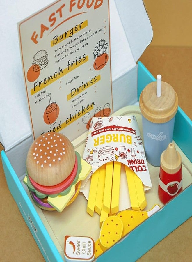 ONOTIC Wooden Fast Food Pretend Play Set for Kids, Burger, French Fries and Drinks Toy, Realistic Pretend Play - Image 2