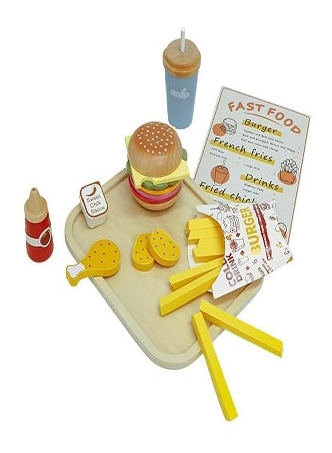 ONOTIC Wooden Fast Food Pretend Play Set for Kids, Burger, French Fries and Drinks Toy, Realistic Pretend Play - Image 1