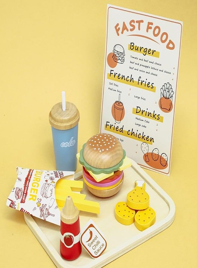 ONOTIC Wooden Fast Food Pretend Play Set for Kids, Burger, French Fries and Drinks Toy, Realistic Pretend Play - Image 3