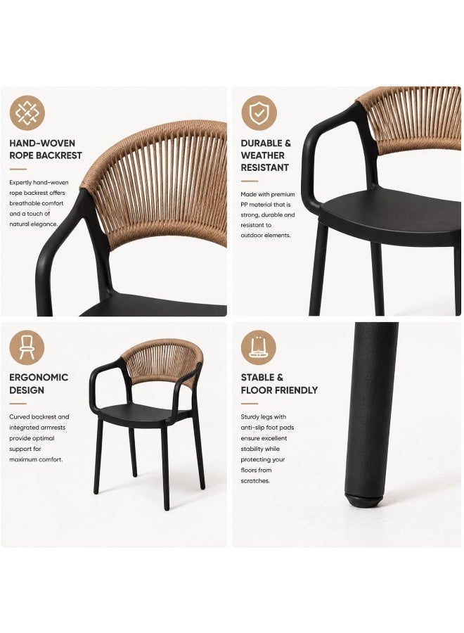 Marcolo Chair with Arms, Outdoor Plastic Dining Armchair, Weather & UV Resistant Patio Chair for Balcony, Garden, Kitchen & Indoor Outdoor Use, Modern Rope-Style Design, 41x53.5x82cm (Black) - Image 5