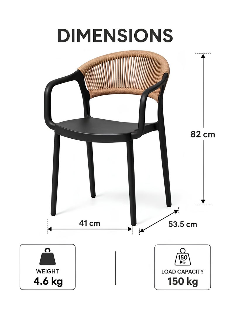 Marcolo Chair with Arms, Outdoor Plastic Dining Armchair, Weather & UV Resistant Patio Chair for Balcony, Garden, Kitchen & Indoor Outdoor Use, Modern Rope-Style Design, 41x53.5x82cm (Black) - Image 3