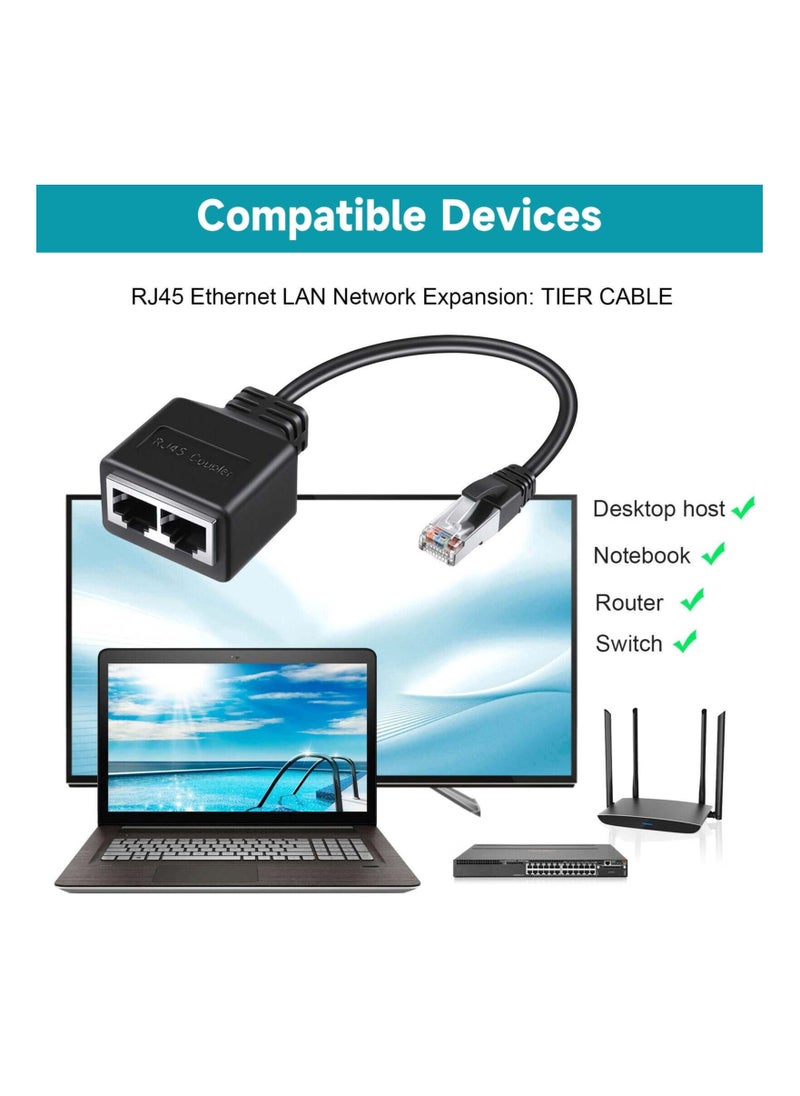 Ethernet Cable Splitter Internet Port Extender RJ45 Network Adapter Male 1 to 2 Female LAN Usb Ethernet Double Socket Connector Port Wired Wifi Coupler Extender fit for Cat5 Cat5e Cat6 Cat7 (Black)