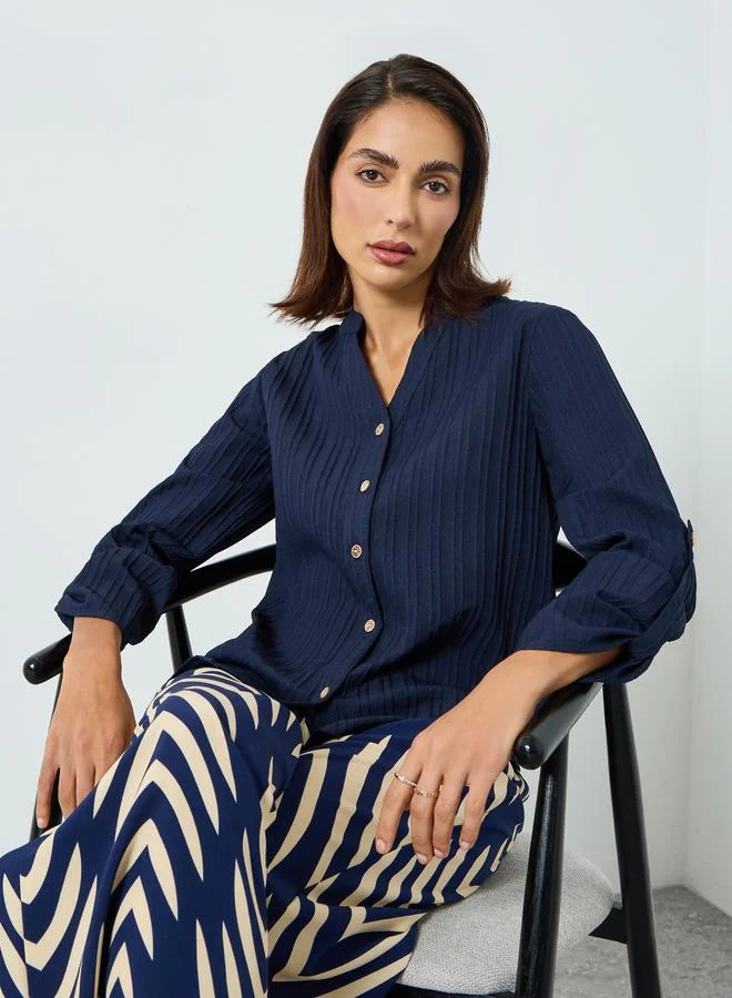 Take Two Women Textured Button Front Roll Up Sleeve Top