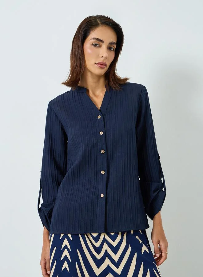 Take Two Women Textured Button Front Roll Up Sleeve Top