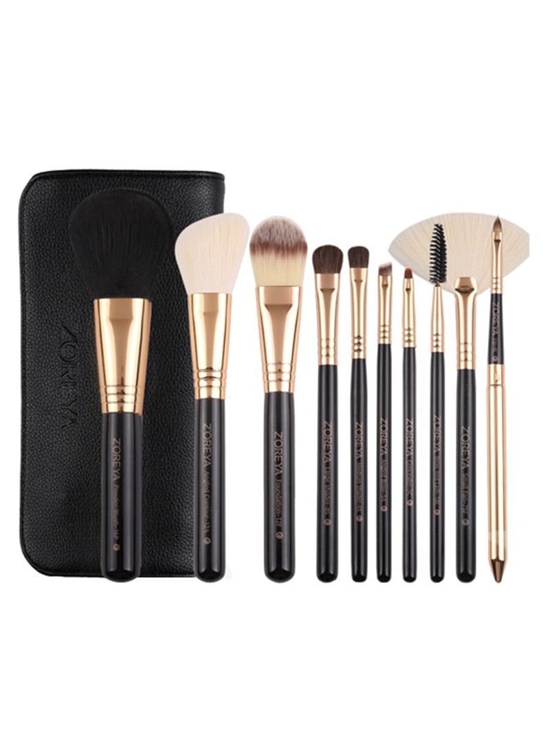 10-Piece Makeup Brush Set With Carry Bag Black/Gold/Beige - Image 1