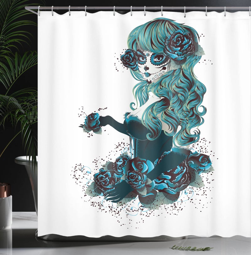 Ambesonne Skull Shower Curtain  Vintage Sugar Shape Girl Day of The Dead Bride Dark Color Roses Graphic  Cloth Fabric Bathroom Decor Set with Hooks  69"" W x 84"" L  Petrol Blue White - Image 2