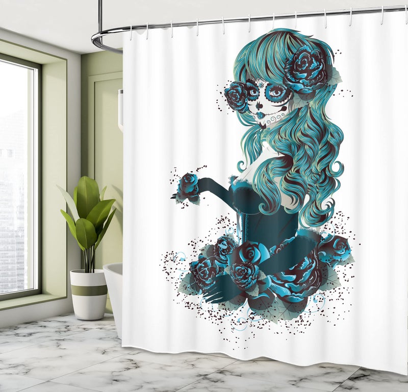 Ambesonne Skull Shower Curtain  Vintage Sugar Shape Girl Day of The Dead Bride Dark Color Roses Graphic  Cloth Fabric Bathroom Decor Set with Hooks  69"" W x 84"" L  Petrol Blue White - Image 3