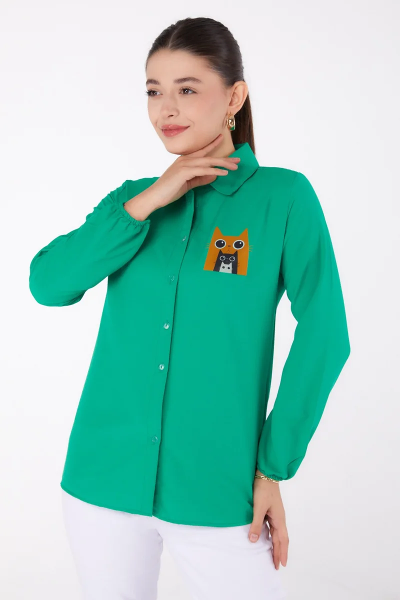 Tofisa Plain Shirt Collar Women's Green Printed Shirt - 13345