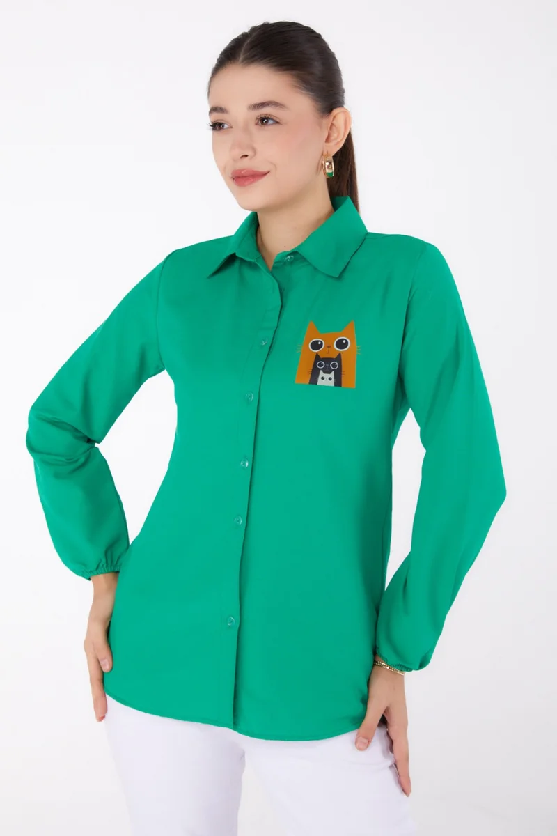 Tofisa Plain Shirt Collar Women's Green Printed Shirt - 13345