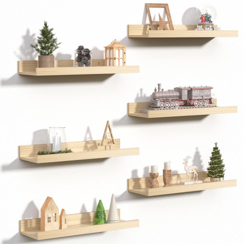 upsimples Floating Shelves for Wall, Wall Shelves for Decor Storage Set of 6, Wall Mounted Wood Shelf for Bedroom, Living Room, Bathroom, Kitchen, Picture Ledge Shelves, Natural - Image 1