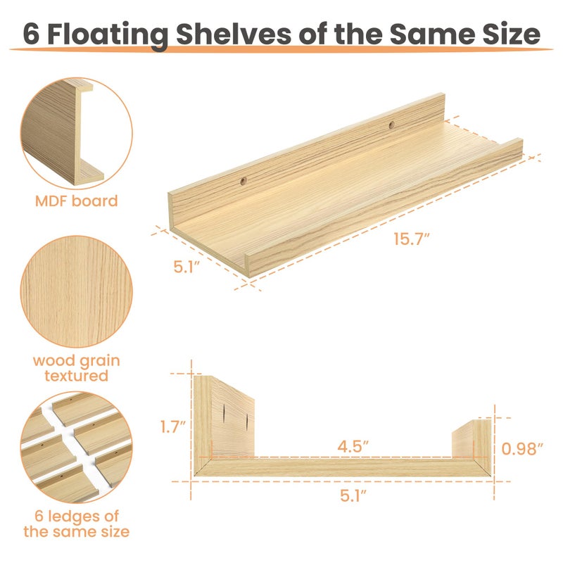 upsimples Floating Shelves for Wall, Wall Shelves for Decor Storage Set of 6, Wall Mounted Wood Shelf for Bedroom, Living Room, Bathroom, Kitchen, Picture Ledge Shelves, Natural - Image 3