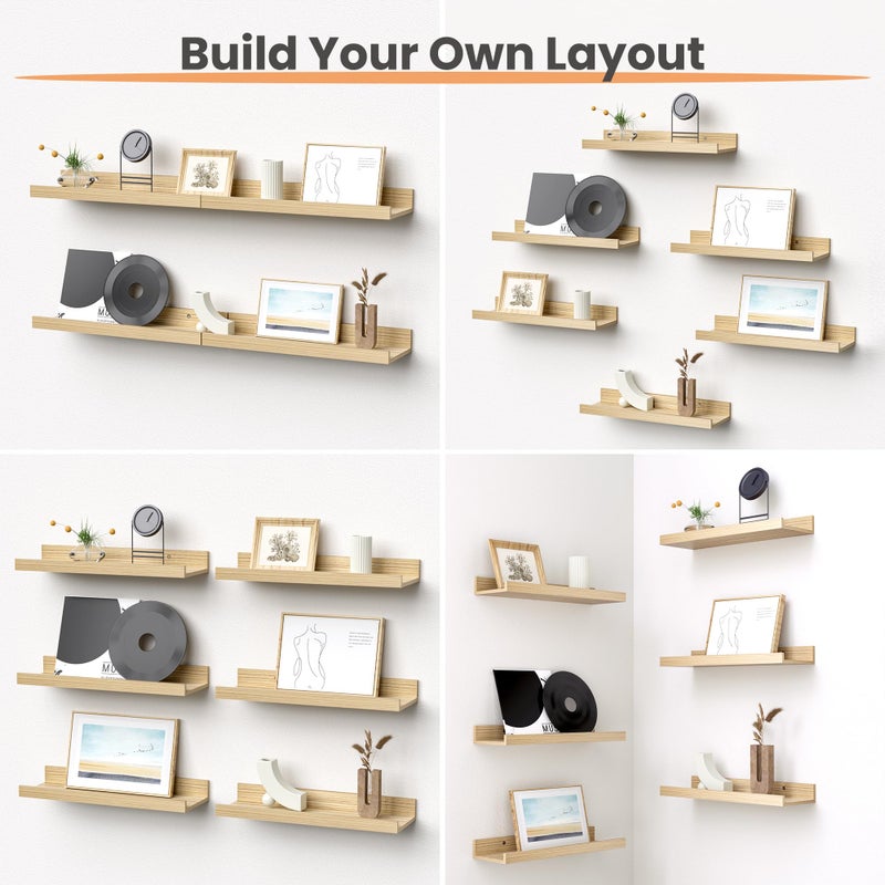 upsimples Floating Shelves for Wall, Wall Shelves for Decor Storage Set of 6, Wall Mounted Wood Shelf for Bedroom, Living Room, Bathroom, Kitchen, Picture Ledge Shelves, Natural - Image 2