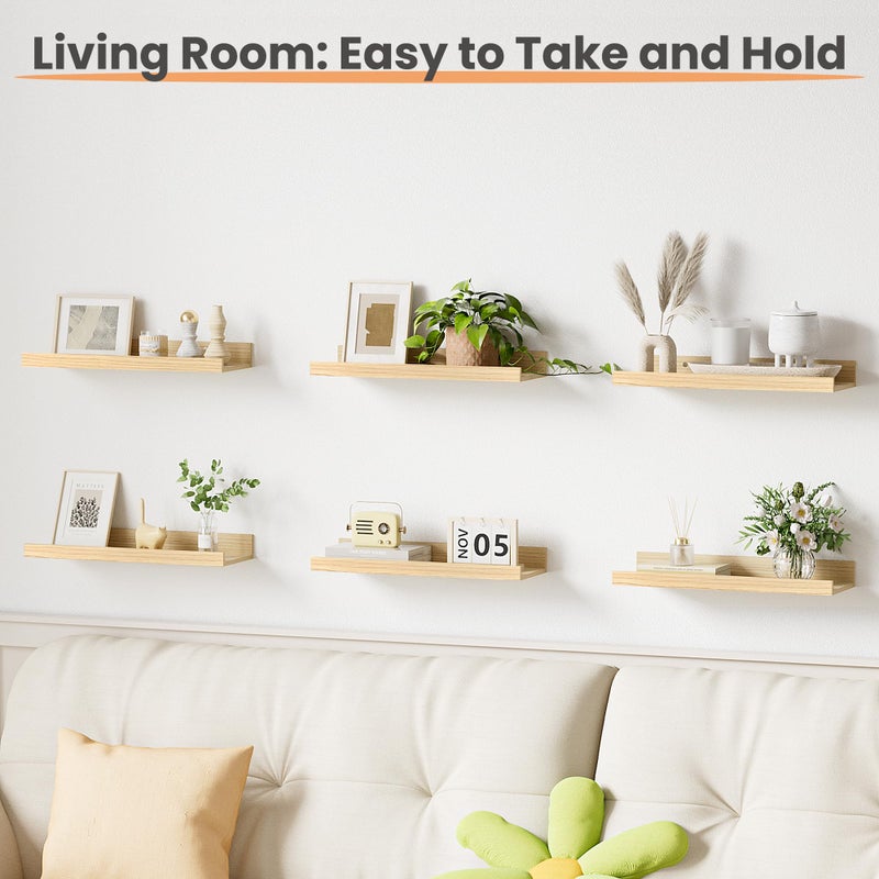 upsimples Floating Shelves for Wall, Wall Shelves for Decor Storage Set of 6, Wall Mounted Wood Shelf for Bedroom, Living Room, Bathroom, Kitchen, Picture Ledge Shelves, Natural - Image 5