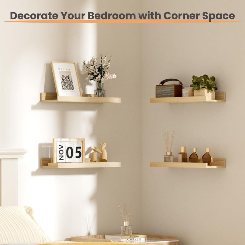 upsimples Floating Shelves for Wall, Wall Shelves for Decor Storage Set of 6, Wall Mounted Wood Shelf for Bedroom, Living Room, Bathroom, Kitchen, Picture Ledge Shelves, Natural - Image 4