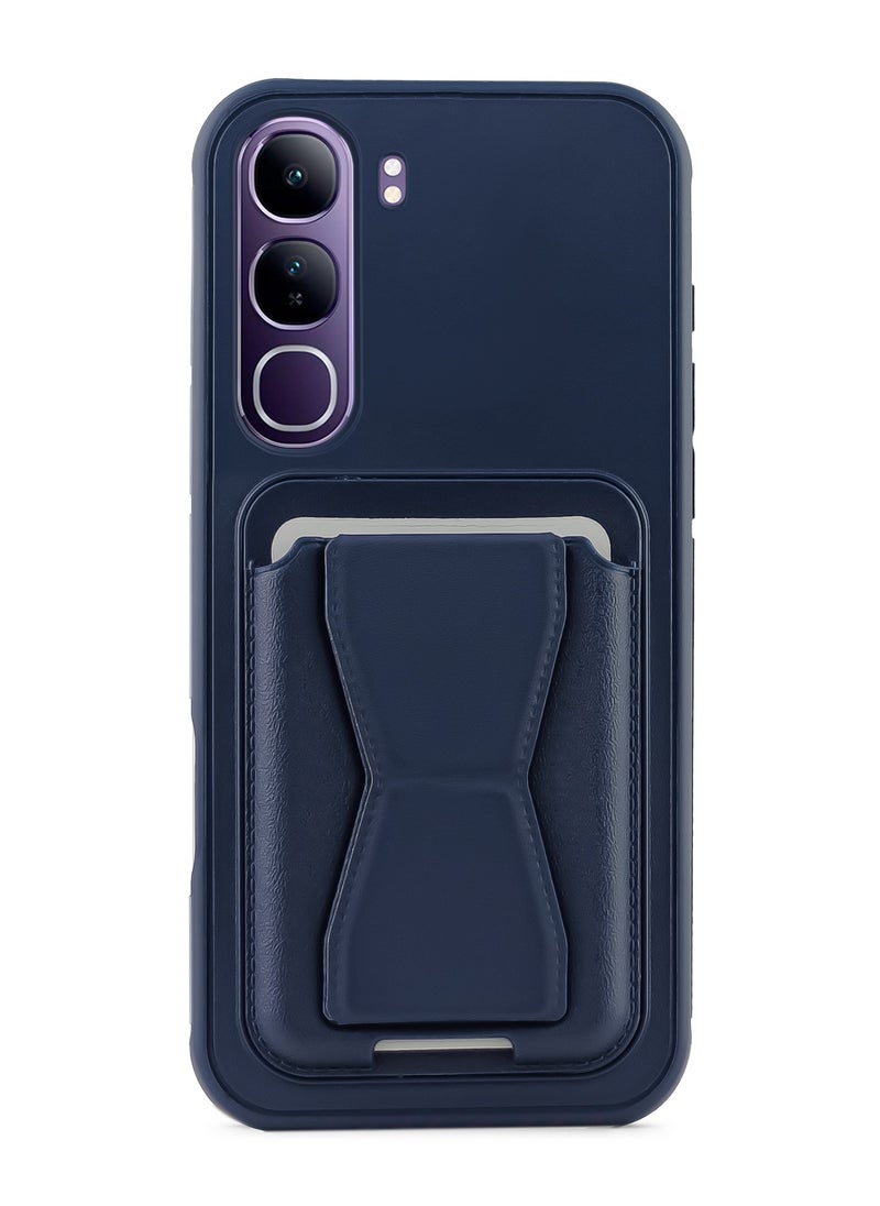 Leather back cover with card wallet Foldable Shockpoof Case compatible with Vivo V40 Lite 4G (Blue)