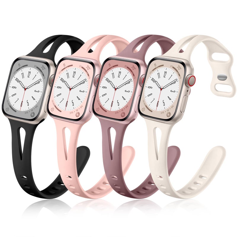 Getino Slim Bands Compatible with Apple Watch Band Series 11 10 9 8 7 6 5 4 3 2 1 SE 38mm 40mm 41mm 42mm Women, Dressy Silicone Skinny Thin Sport iWatch Wristbands,Black/Pink/Smoke Purple/Starlight - Image 1