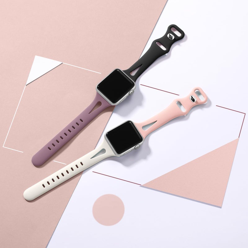 Getino Slim Bands Compatible with Apple Watch Band Series 11 10 9 8 7 6 5 4 3 2 1 SE 38mm 40mm 41mm 42mm Women, Dressy Silicone Skinny Thin Sport iWatch Wristbands,Black/Pink/Smoke Purple/Starlight - Image 2