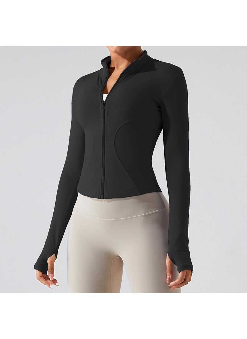 Generic Quick-Dry Fitness Clothes Womens Slim-Fit Sports Top High Elastic Zipper Yoga Clothes Long Sleeve Collar Yoga Jacket Black 